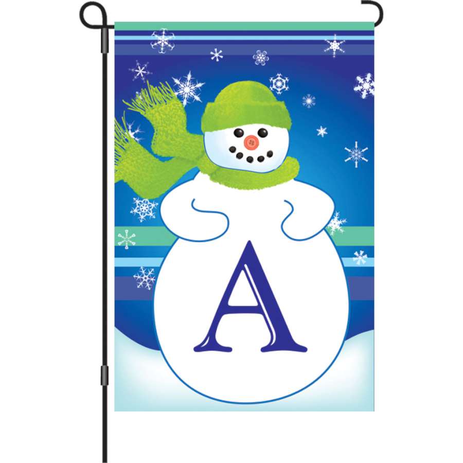 12 in. Winter Monogram Flag featuring a large letter 'A' displayed in a garden, showcasing vibrant colors and detailed stitching.