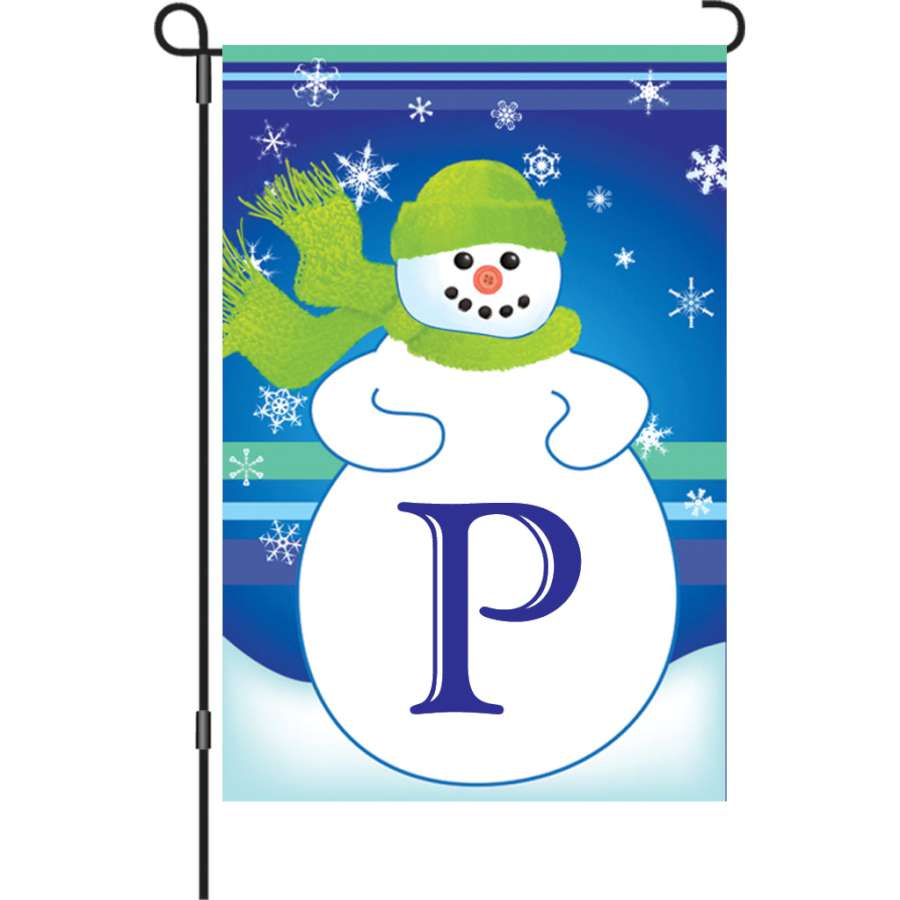 12 in. Winter Monogram Flag - P featuring an elegant letter 'P' with winter motifs, displayed on a garden flag stand in an outdoor setting.