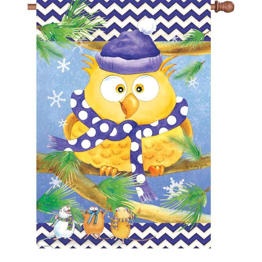 Illuminated Winter Owl flag, 28 inches, featuring a vibrant owl design displayed outdoors on a flag pole, enhancing seasonal decor.