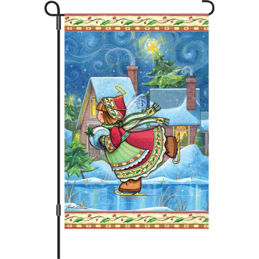 12 in. Winter Wonders Angel illuminated garden flag with vibrant angel design displayed in an outdoor setting, radiating festive charm.