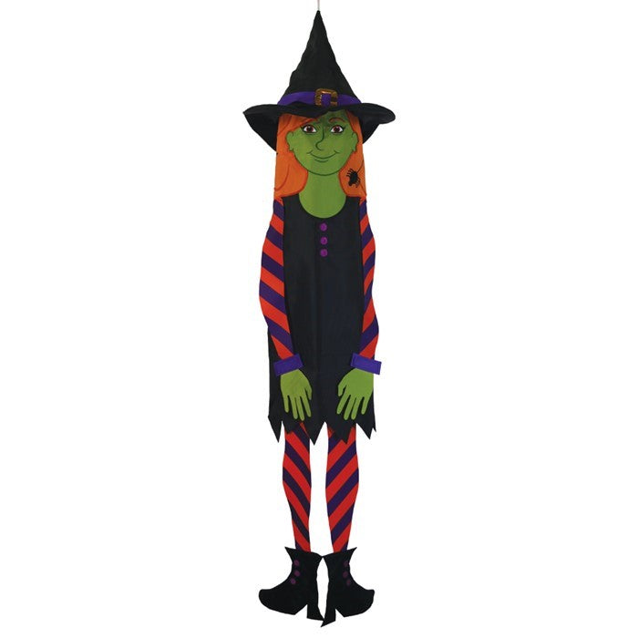 Witch 40-inch Breeze Buddy windsock with flowing arms and legs displayed outdoors, capturing the spirit of Halloween excitement.