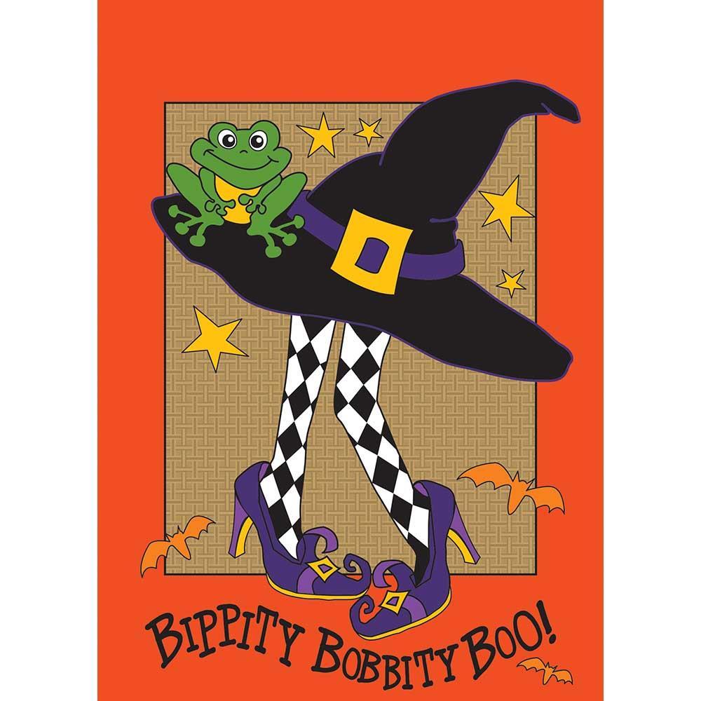 Witch Hat With Legs burlap garden flag displayed in an outdoor setting, featuring a playful witch's hat and legs in vibrant colors on both sides.