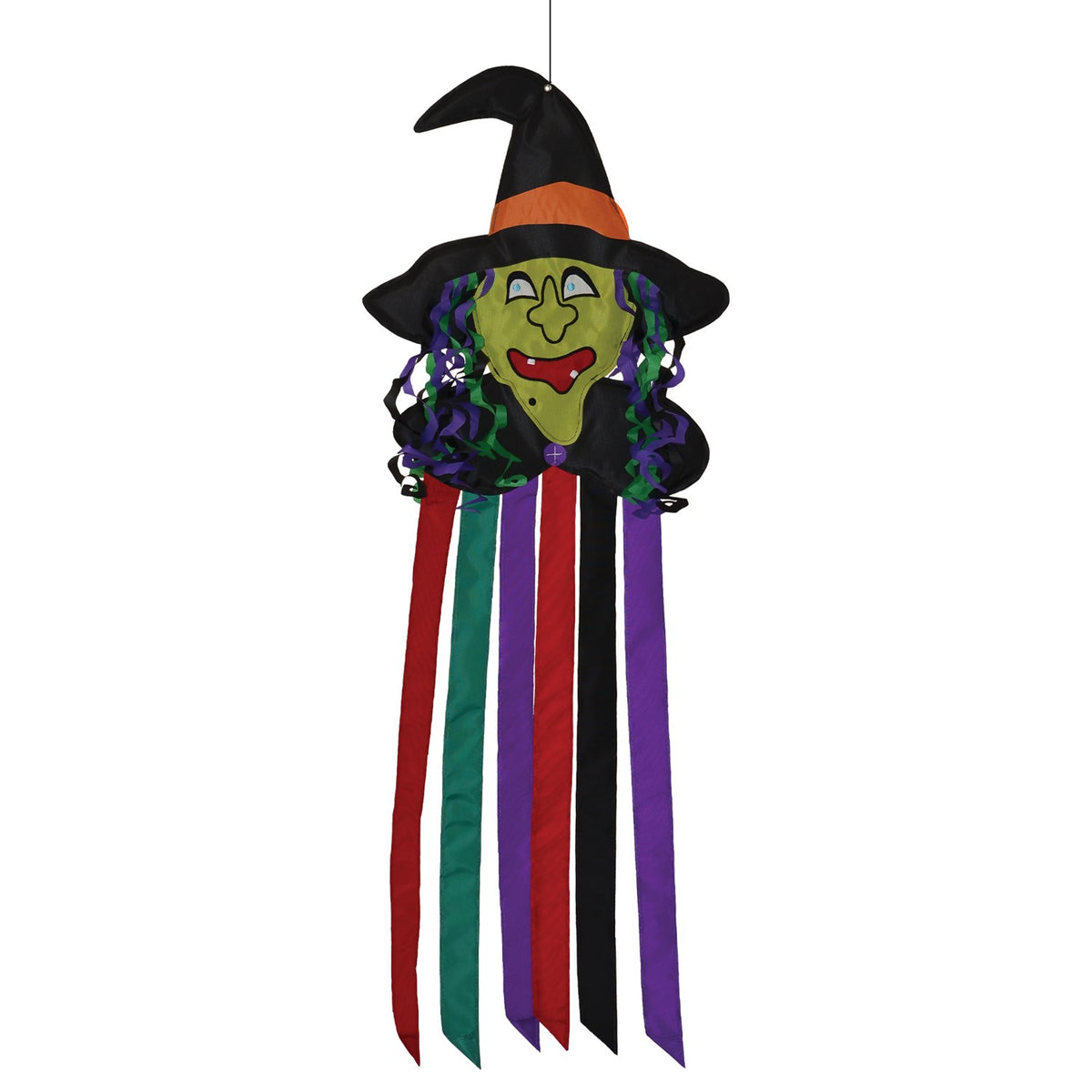 Witch Windtail Halloween decoration featuring a green witch with flowing hair and fluttering colorful tails hung outdoors, showcasing its festive design.