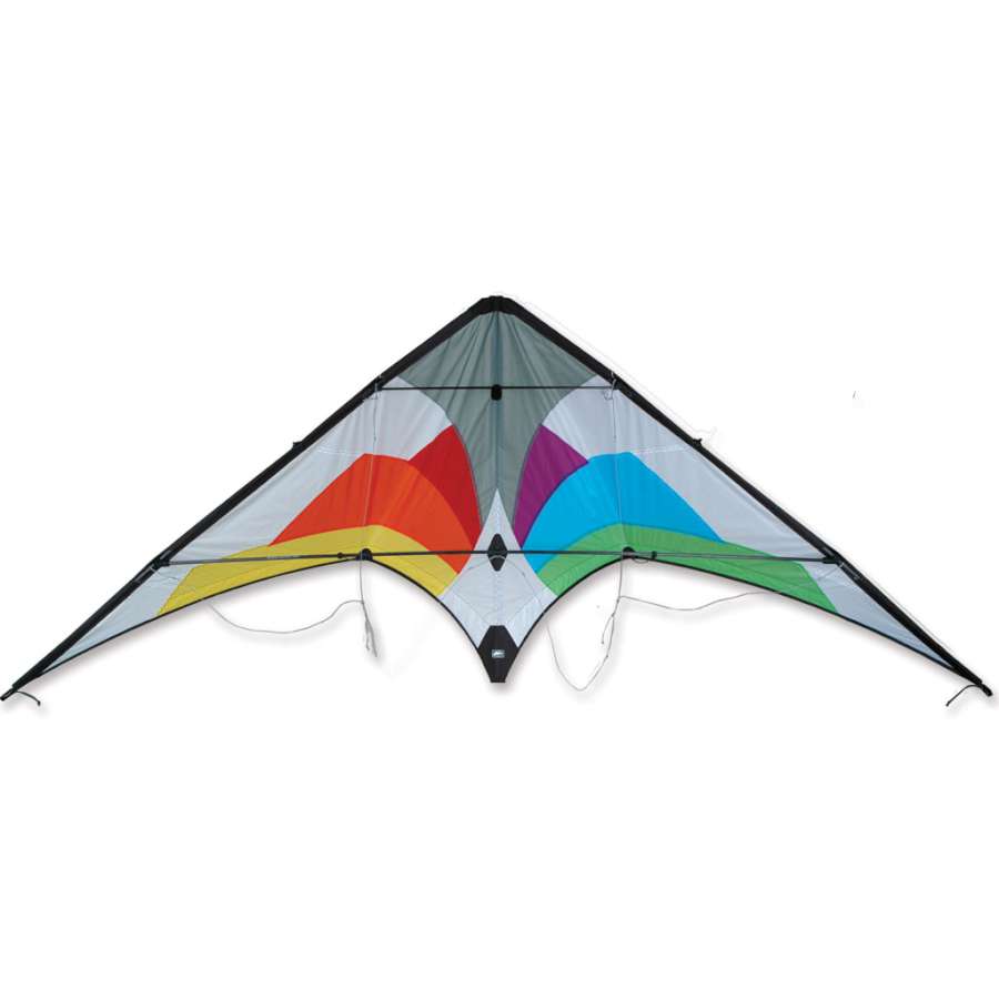 Wolf NG Sport Kite - White Rainbow in mid-flight, showcasing vibrant colors and advanced design against a clear blue sky.