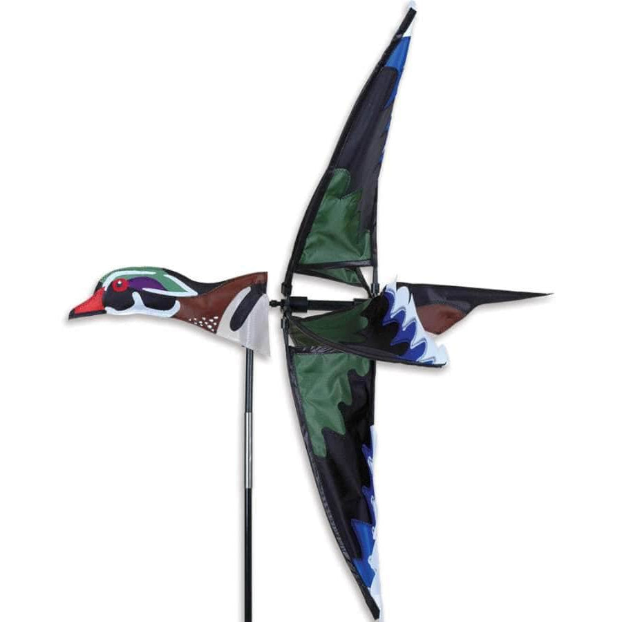 Wood duck garden spinner with 27-inch wind-catching wing and vibrant layered fabric, perfect for nature-themed outdoor decoration.