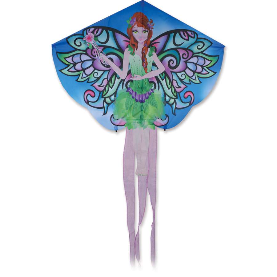 Woodland Fairy Kite featuring vibrant fairy design and shimmering organza tails soaring in the sky against a blue backdrop.
