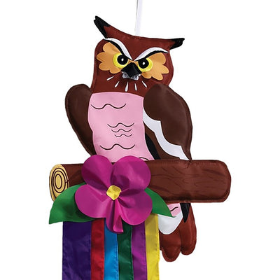 Woodland Owl Windtail featuring vibrant owl graphics and fluttering colorful tails hanging from a porch, designed for outdoor decor.