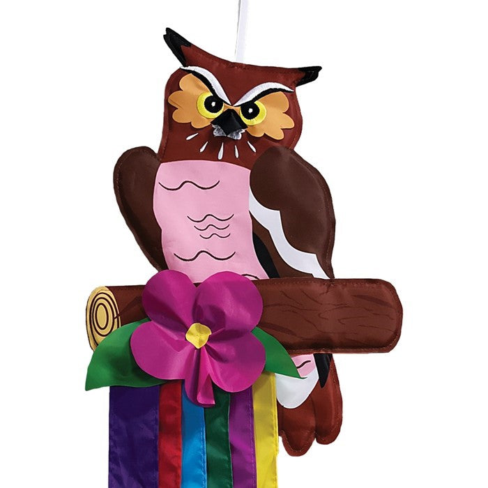 Woodland Owl Windtail featuring vibrant owl graphics and fluttering colorful tails hanging from a porch, designed for outdoor decor.