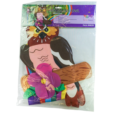 Woodland Owl Windtail featuring vibrant owl graphics and fluttering colorful tails hanging from a porch, designed for outdoor decor.