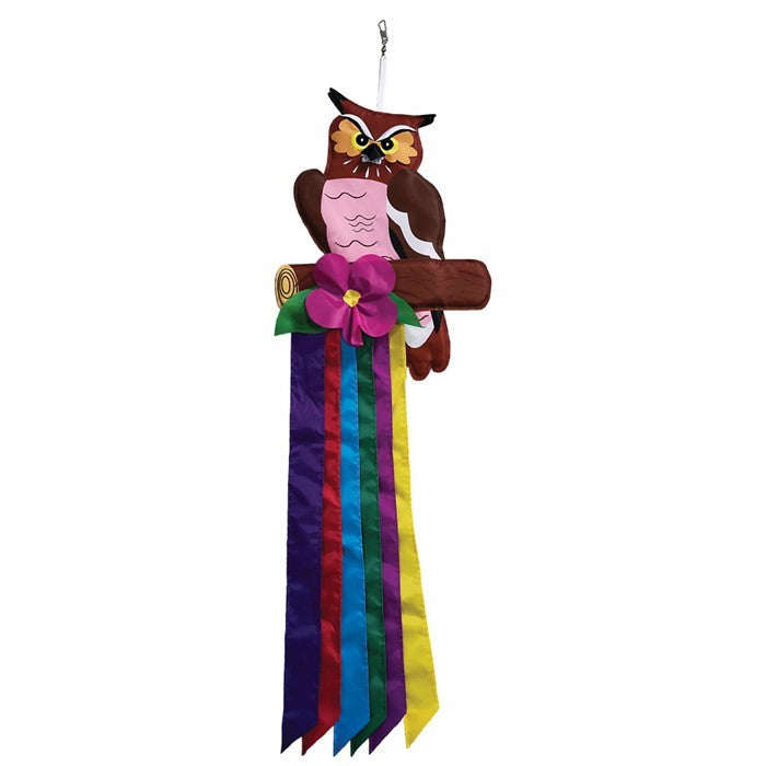 Woodland Owl Windtail featuring vibrant owl graphics and fluttering colorful tails hanging from a porch, designed for outdoor decor.