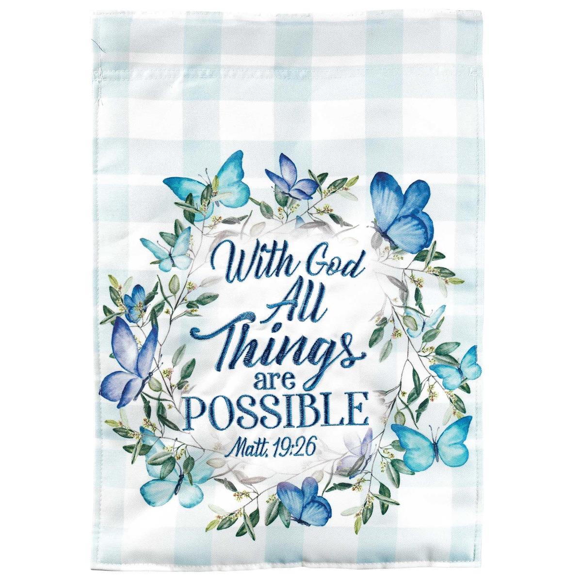 Wreath With All Things Banner Flag featuring a vibrant wreath design with exquisite embroidery on double-sided, durable fabric displayed in a garden setting.