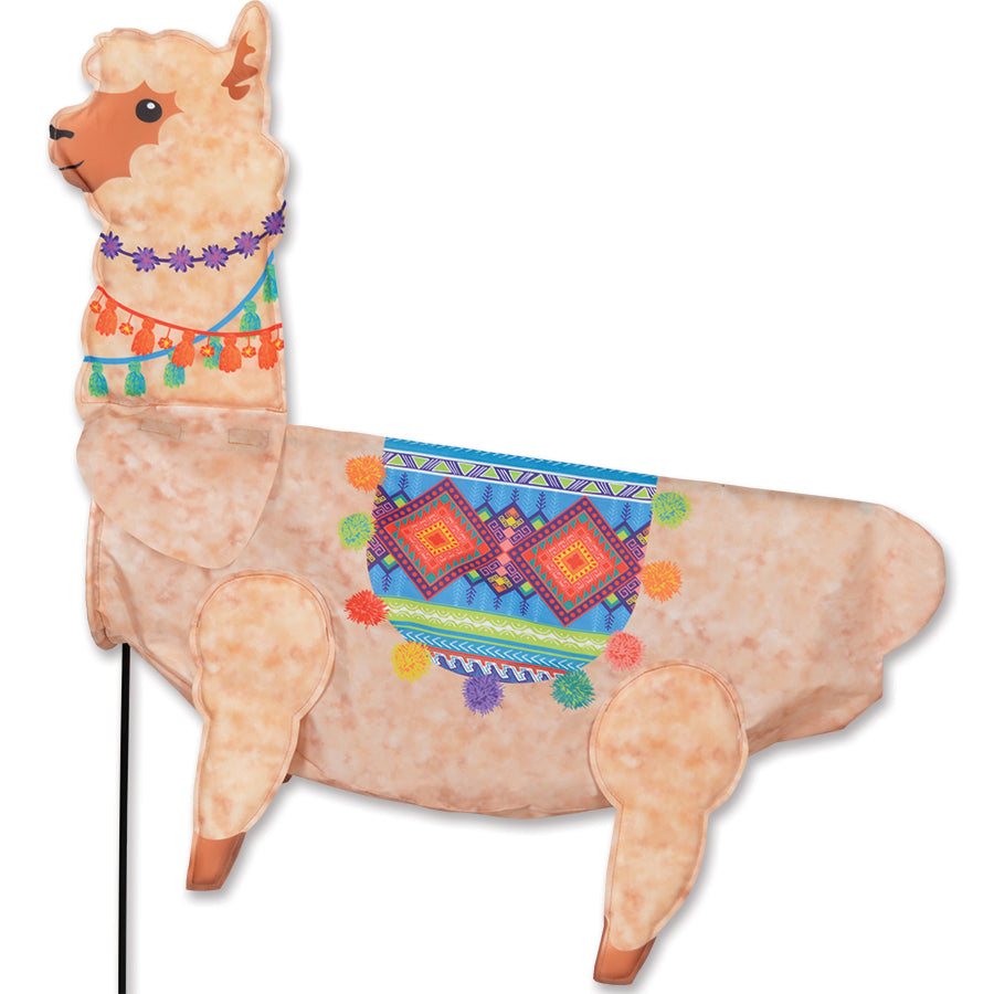 XL Windicator Weather Vane in the shape of an alpaca, displaying its cheerful colors and 3-D shape, installed in a garden setting.