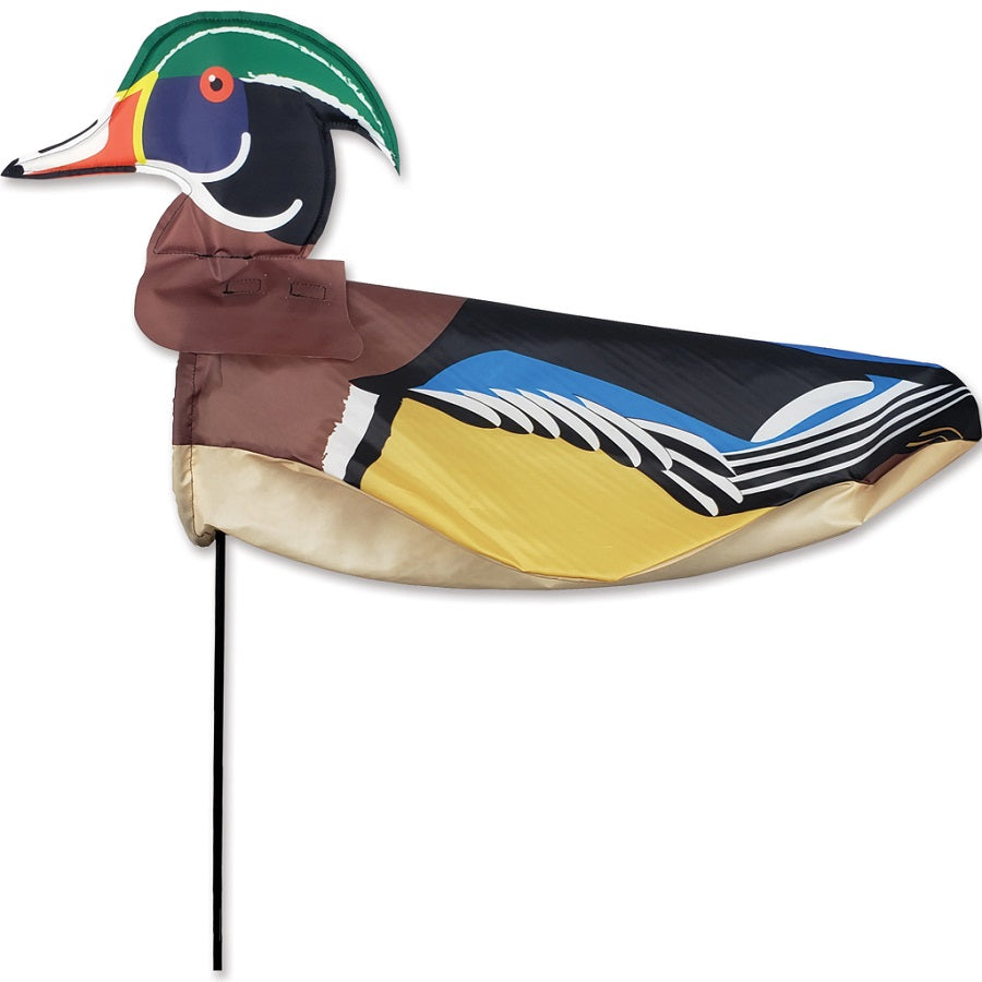XL Windicator Weather Vane in the shape of a Wood Duck, displaying vibrant colors and a 3D inflatable design on a fiberglass pole outdoors.