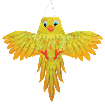 Yellow Bird Windsock in vibrant yellow with outstretched wings, designed for outdoor hanging, swaying beautifully in the breeze.