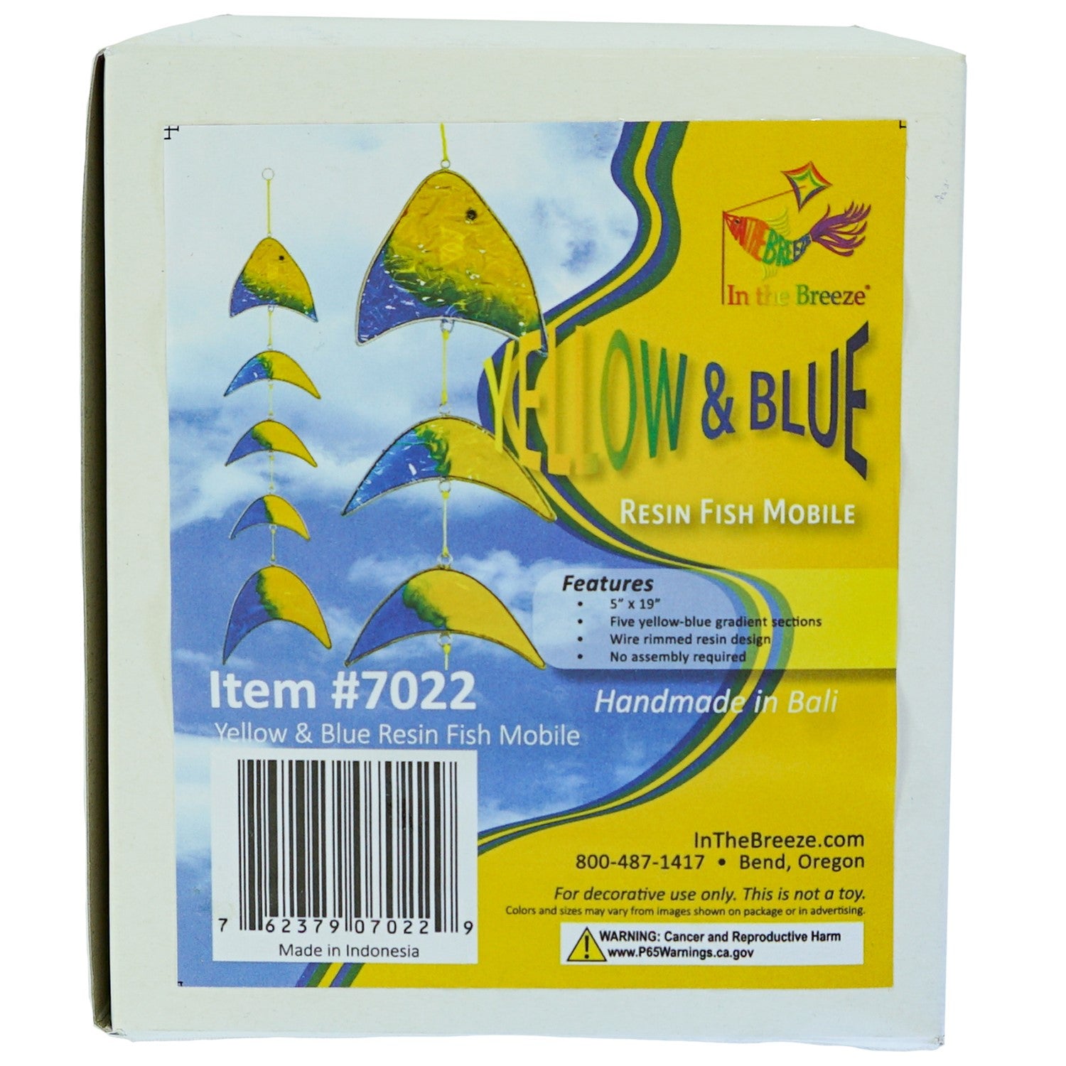 Yellow & Blue Resin Fish Mobile beautifully reflects sunlight, showcasing vibrant colors in a unique hanging design-great for porches and outdoor spaces.