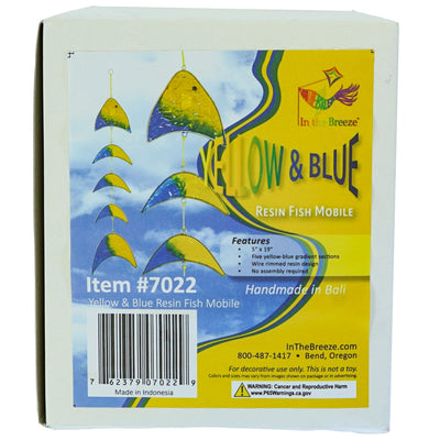 Yellow & Blue Resin Fish Mobile beautifully reflects sunlight, showcasing vibrant colors in a unique hanging design-great for porches and outdoor spaces.