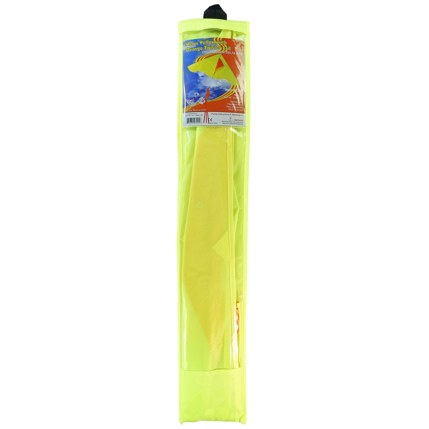 Yellow Colorblock Delta Kite featuring an orange twister tail against a clear blue sky, demonstrating ease of flight and eye-catching design.