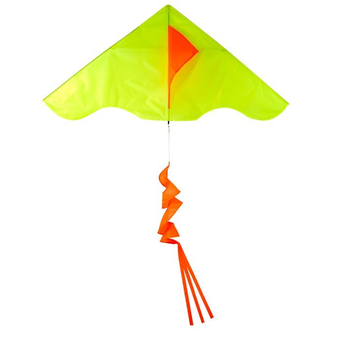 Yellow Colorblock Delta Kite featuring an orange twister tail against a clear blue sky, demonstrating ease of flight and eye-catching design.