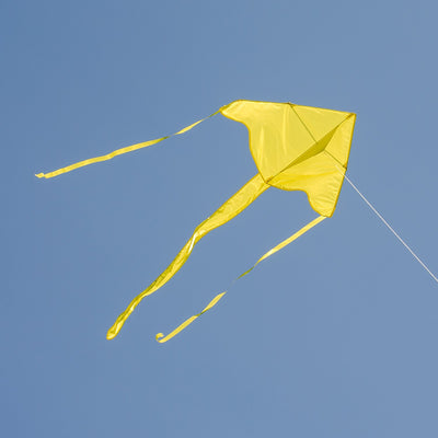 Yellow Colorfly 43" Fly-Hi Kite soaring in the sky with a bright blue background, ideal for novice kite flyers and outdoor fun.