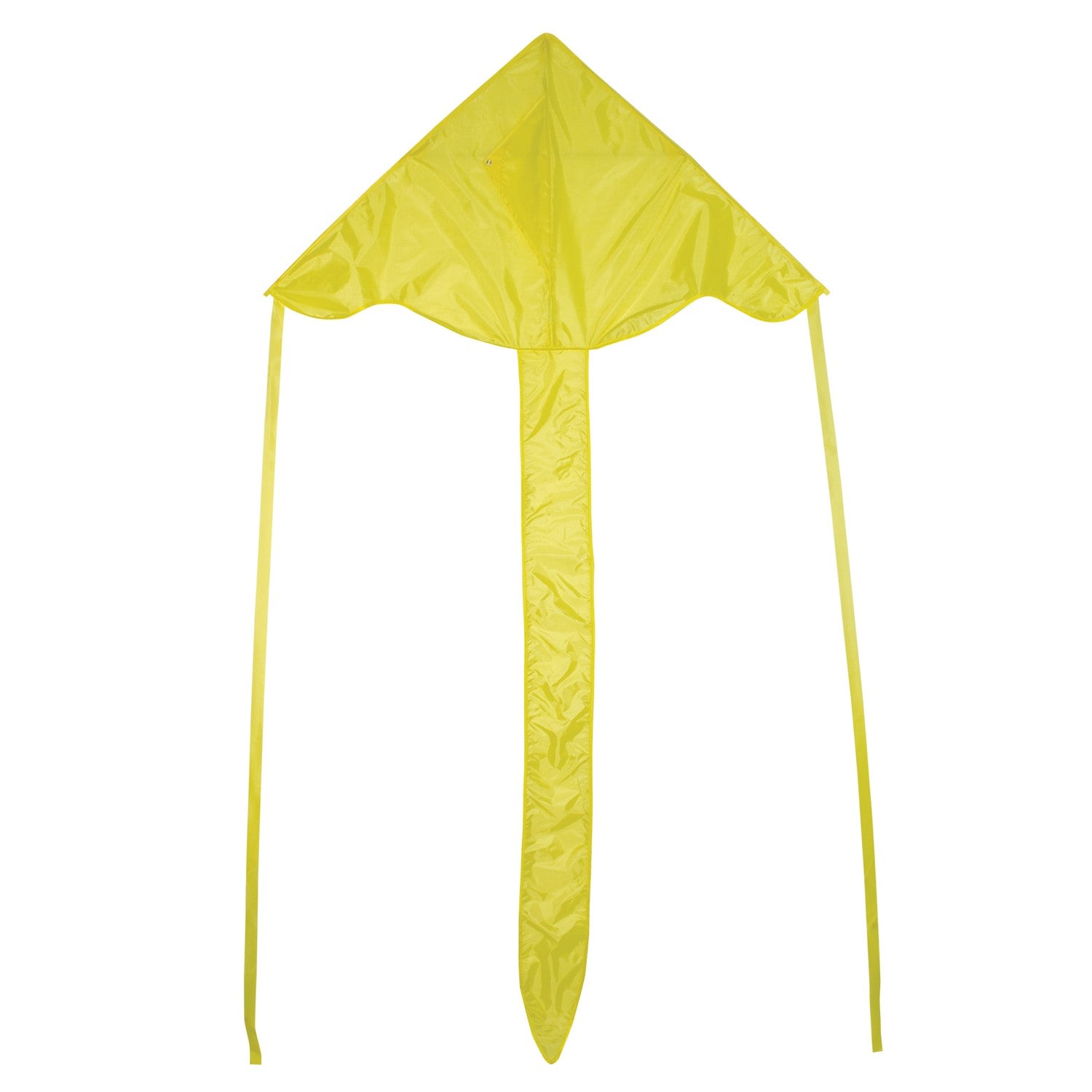 Yellow Colorfly 43" Fly-Hi Kite soaring in the sky with a bright blue background, ideal for novice kite flyers and outdoor fun.