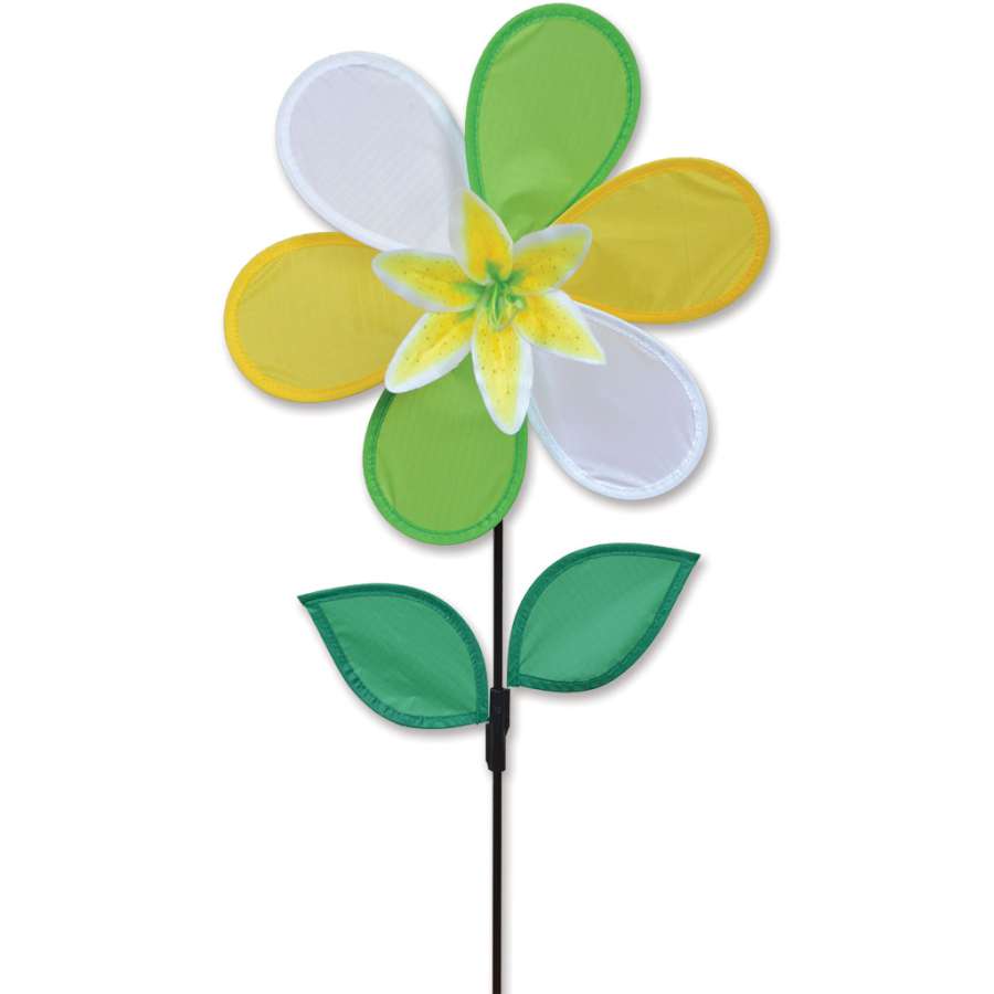 Colorful Yellow Lily Spinner garden ornament spinning in the wind, beautifully designed to enhance outdoor spaces with vibrant yellow hues.