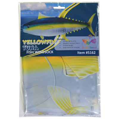 Yellowfin Tuna 48-inch fish windsock featuring realistic design, showcasing vibrant colors, displayed at a marina to celebrate ocean life.