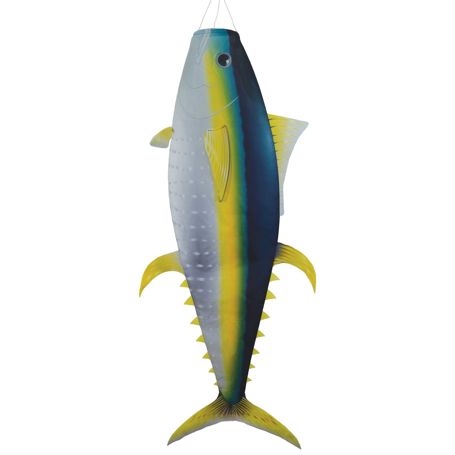Yellowfin Tuna 48-inch fish windsock featuring realistic design, showcasing vibrant colors, displayed at a marina to celebrate ocean life.