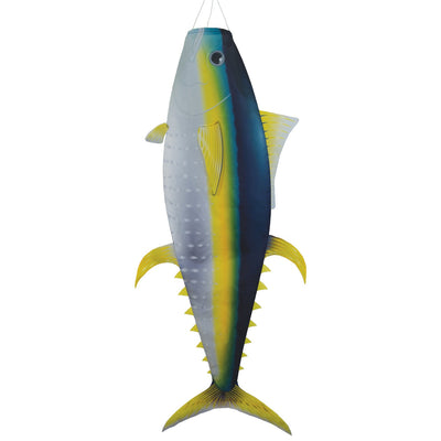Yellowfin Tuna 48-inch fish windsock featuring realistic design, showcasing vibrant colors, displayed at a marina to celebrate ocean life.