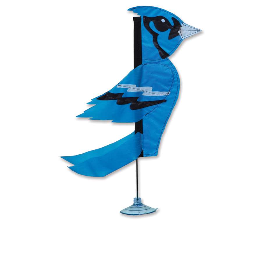 Zany Pal - Blue Jay decoration displayed with a multi-angle suction cup mount showcasing its vibrant blue jay design near indoor plants.