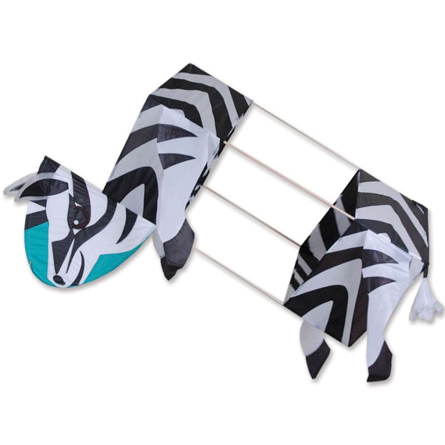 Zebra Box Kite measuring 20x25 inches with vibrant stripes, soaring against a clear sky during outdoor play.