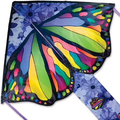 Zephyr Kite in vibrant Butterfly design soaring in the sky, showcasing its large size and durable construction against a clear backdrop.