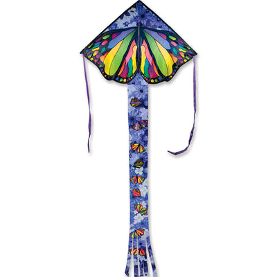 Zephyr Kite in vibrant Butterfly design soaring in the sky, showcasing its large size and durable construction against a clear backdrop.