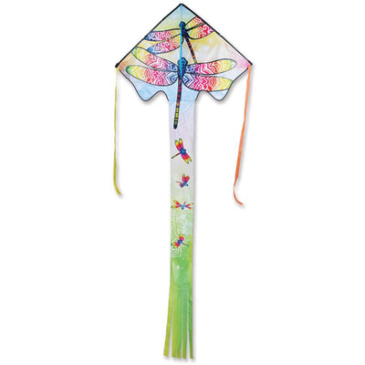 Zephyr Kite - Dragonflies measuring 64x165 inches, featuring vibrant dragonfly graphics flying high in a clear blue sky.