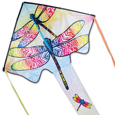Zephyr Kite - Dragonflies measuring 64x165 inches, featuring vibrant dragonfly graphics flying high in a clear blue sky.