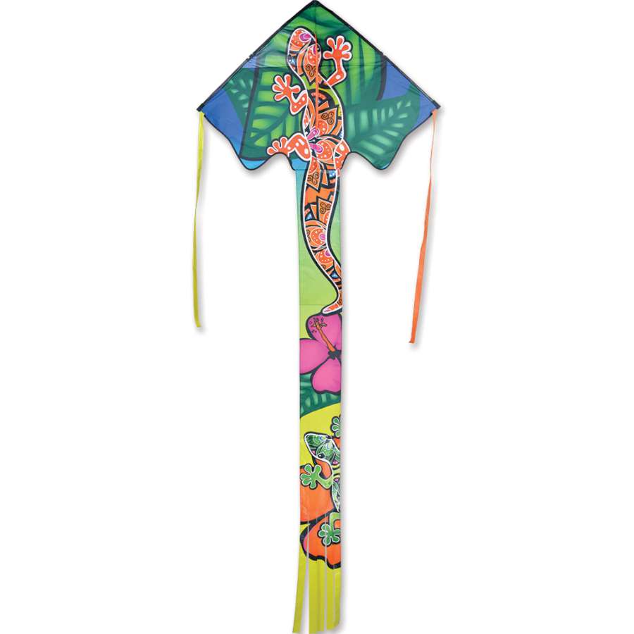Zephyr Kite - Gecko flying high against a blue sky, showcasing its vibrant gecko design, perfect for outdoor enjoyment.