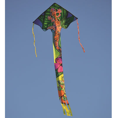 Zephyr Kite - Gecko flying high against a blue sky, showcasing its vibrant gecko design, perfect for outdoor enjoyment.