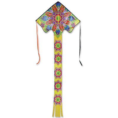 Zephyr Kite - Mandala with colorful design, measuring 64 x 165 inches, soaring in a clear sky during an outdoor event.