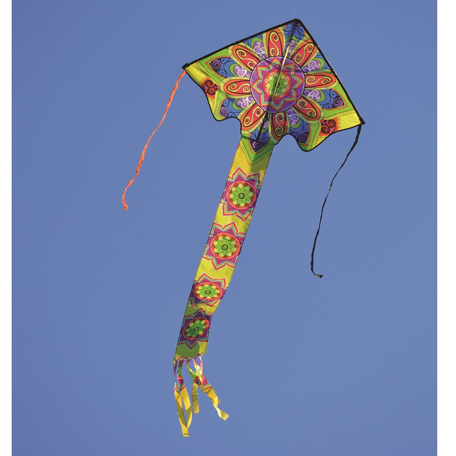 Zephyr Kite - Mandala with colorful design, measuring 64 x 165 inches, soaring in a clear sky during an outdoor event.