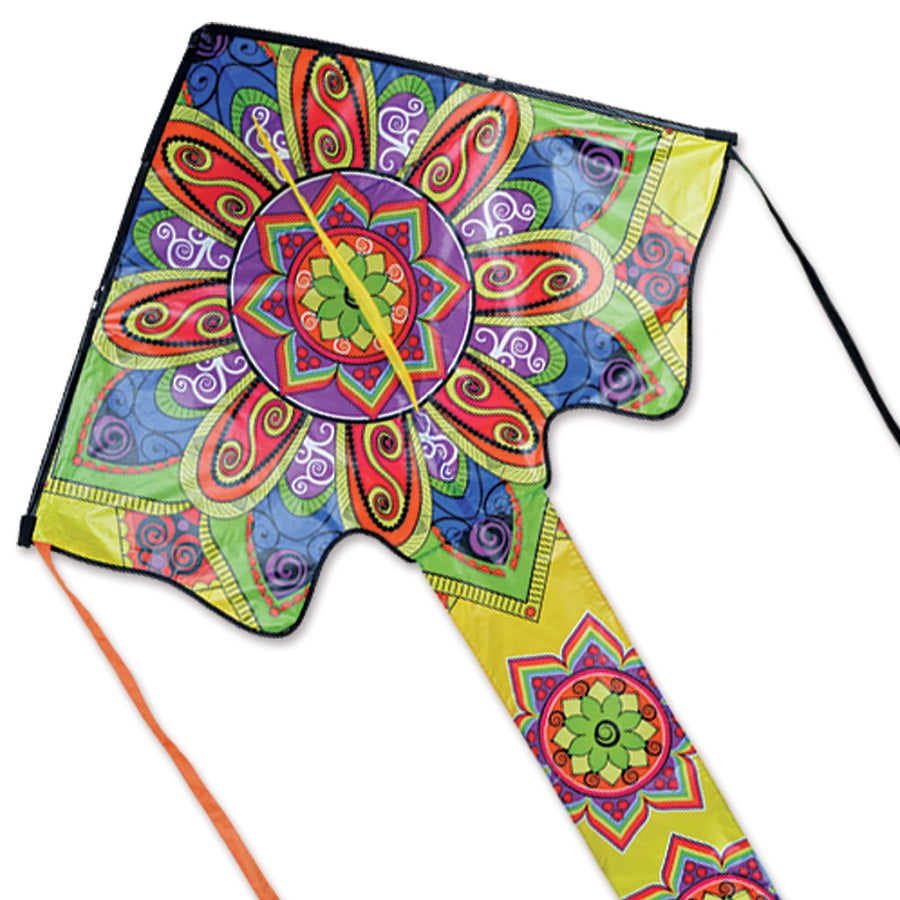 Zephyr Kite - Mandala with colorful design, measuring 64 x 165 inches, soaring in a clear sky during an outdoor event.