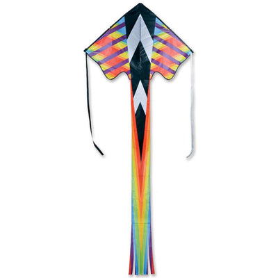 Zephyr Kite - Rainbow Geometric design, 64x165 inches, soaring in a clear blue sky with a picturesque landscape below.
