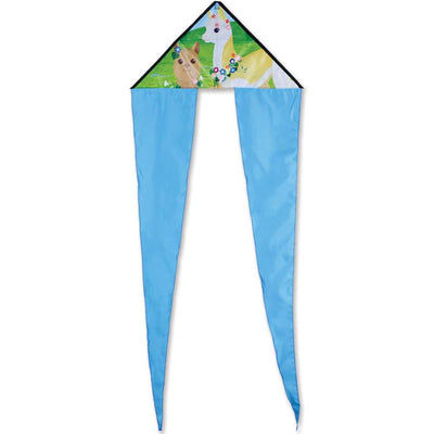 Zippy Flo-Tail Delta Kite with a colorful alpaca design flying against a bright blue sky, showcasing its long, flowing tail.