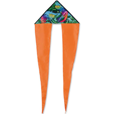 Zippy Flo-Tail Delta Kite in vibrant chameleon design soaring in the sky, featuring long flowing tails for an enchanting display.