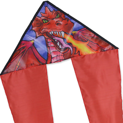 Zippy Flo-Tail Delta Kite - Dragon flying in the sky, showcasing its vibrant design and long tail against a clear blue backdrop.