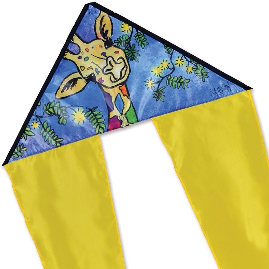 Zippy Flo-Tail Delta Kite featuring a vibrant giraffe design soaring in the sky, measuring 24.5 x 61 inches, perfect for family outings.