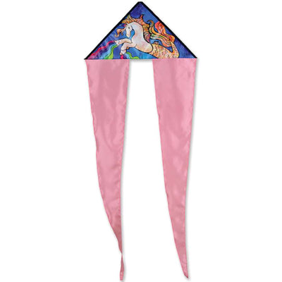 Zippy Flo-Tail Delta Kite - Mermaid Unicorn flying high against a blue sky, showcasing its vibrant colors and long flowing tail.