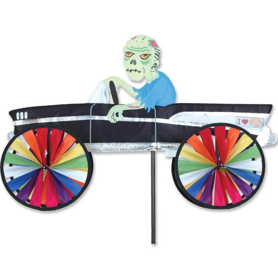 Halloween zombie spinner with layered fabric and spinning wheels, perfect for spooky seasonal motion in your lawn or garden.