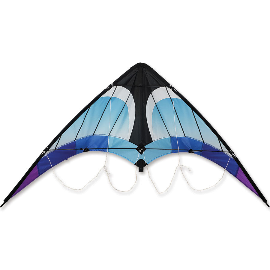 Zoomer 2.0 sport kite in vibrant colors soaring against a bright blue sky, measuring 46 x 21 inches, showcasing its aerodynamic design for stunts.