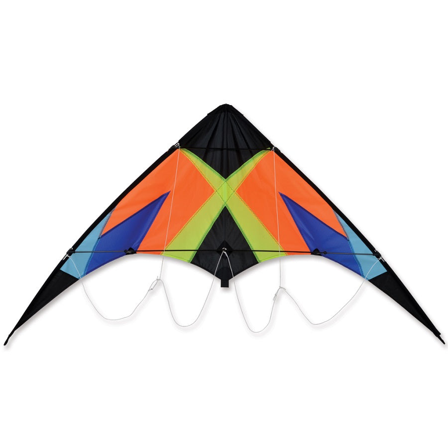 The Zoomer 2.0 Sport Kite - Neon X showcasing its vibrant colors in flight against a clear blue sky, measuring 46 x 21 inches.