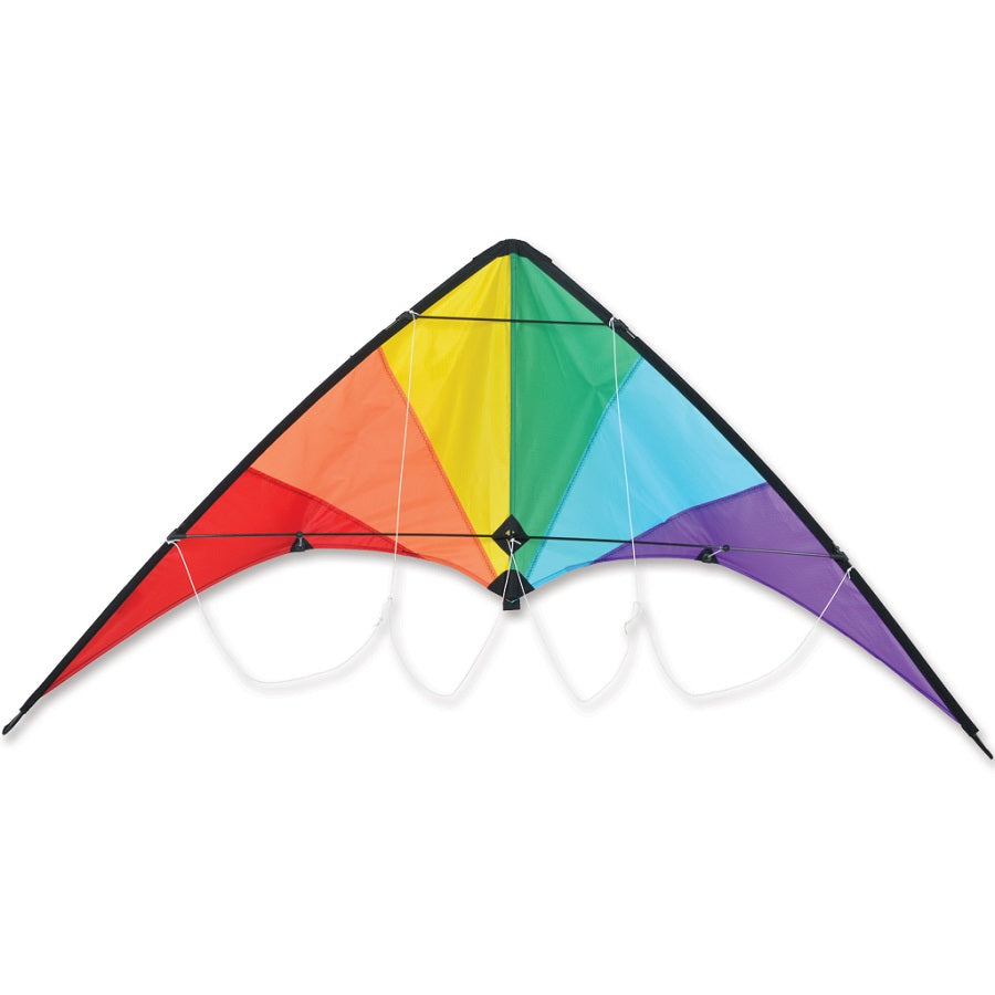 Zoomer 2.0 Sport Kite in vibrant rainbow colors soaring in the sky, featuring a durable fiberglass frame and ripstop fabric.