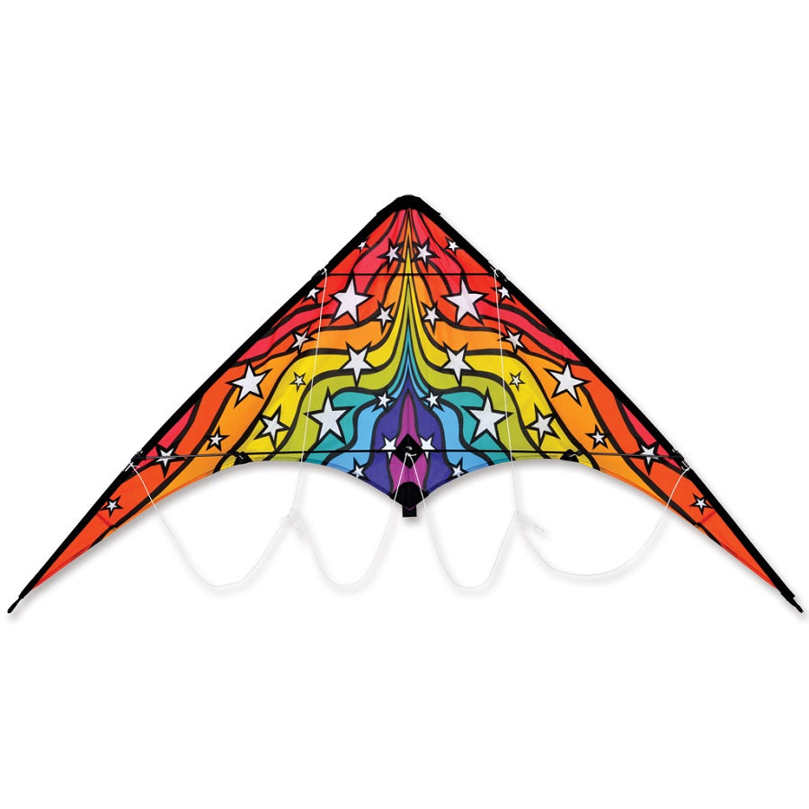 Zoomer 2.0 sport kite with rainbow stars design soaring in a clear blue sky, showcasing its vibrant colors and dual control capability.